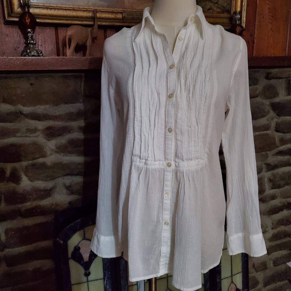 Ralph Lauren 100% Cotton White Tuxedo Pleat Button Up Blouse Shirt Small S